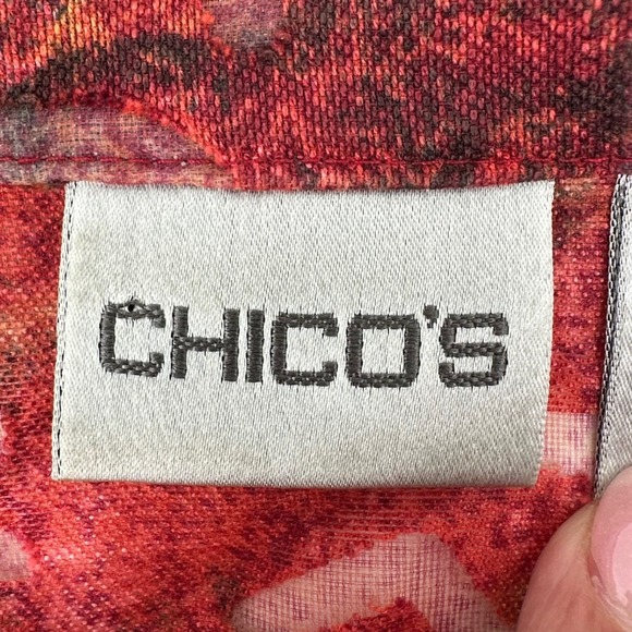 Chicos Red Orange Abstract Print Linen Blend Sheer Button Up Shirt Size 1 US M - Picture 6 of 11